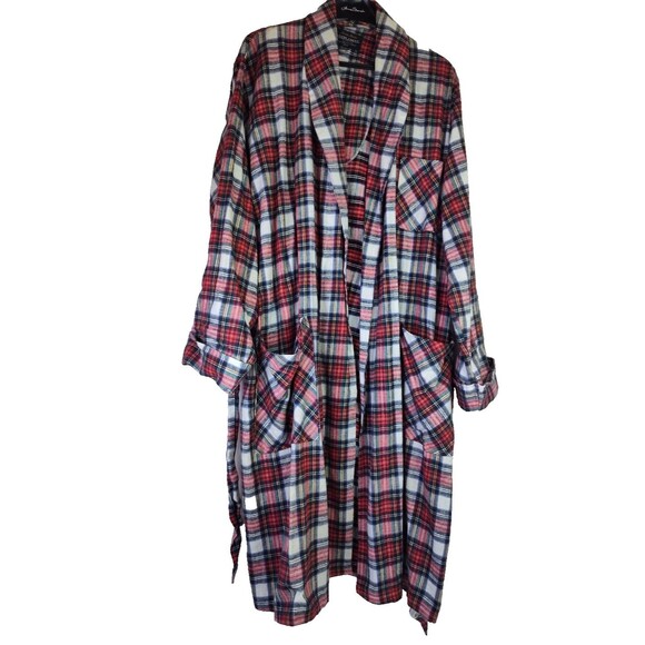 After Hours By Diplomat  Mens Flannel Robe Red White Plaid  L Large W Tie Pocket - Picture 2 of 6